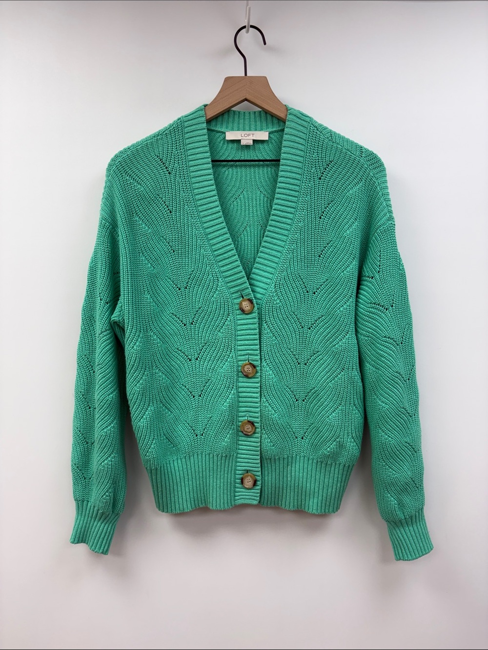 NWOT Ann Taylor LOFT Chunky Knit V-Neck Button-Up Cardigan Sweater Green Large